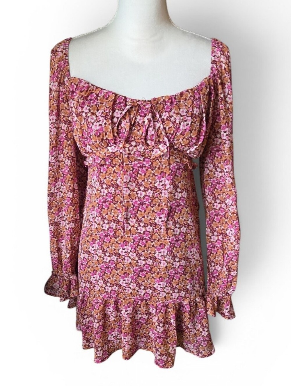 Mi ami For Francesca's Floral Pink & Brown Long Sleeve Mini Dress Size Medium